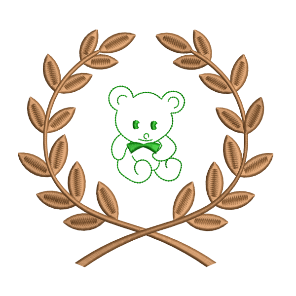 Diseño de bordado de osito en corona de laurel y patrón decorativo - BASAK2F
